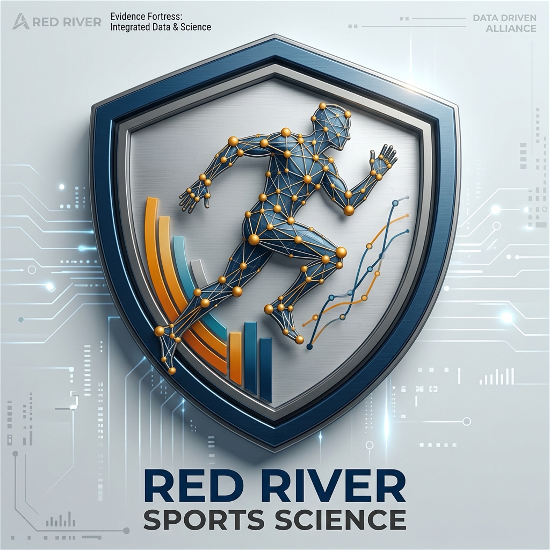 Red River Sports Science shield featuring a data-inspired running athlete
